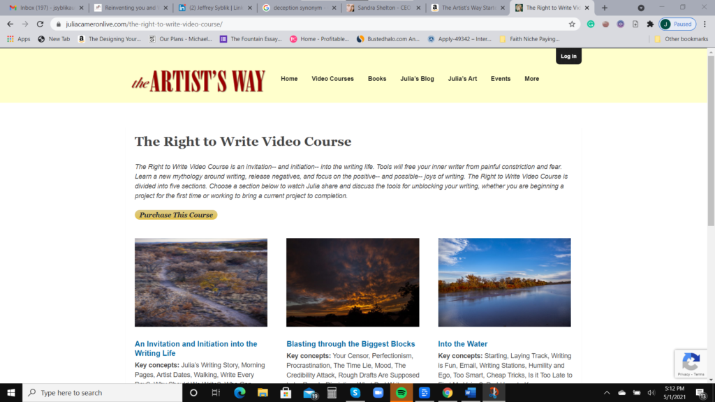 Screen print of Julia Cameron's Artist Way online course pagre.