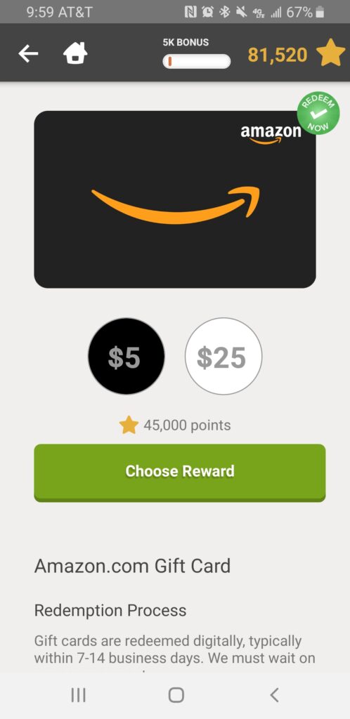 Image shows Amazon card is available on we-pay-for-your-play gaming platforms in two amounts $5 and $25.