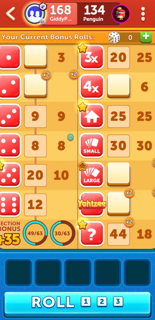 Yahtzee was one game I played on my smartphone to earn money from video gameplay.  This is what it looks like.