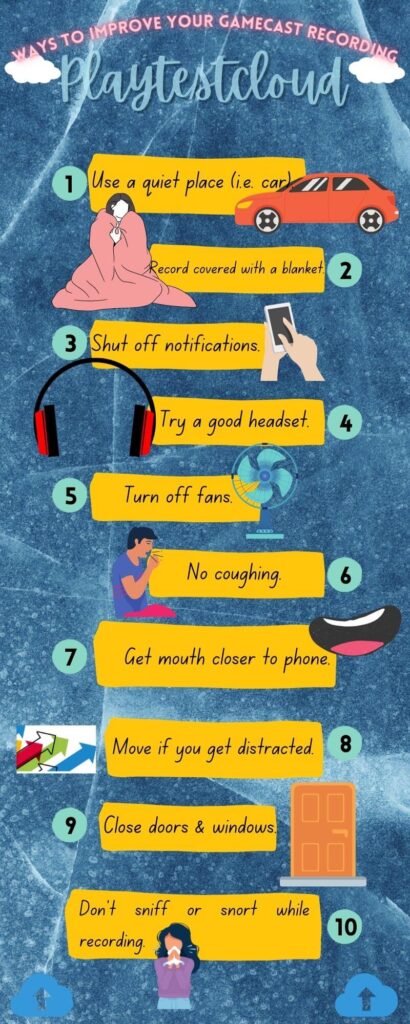 This is an infographic for Playtestcloud's tips for better smartphone game recordings for its game testers made on Canva.com by blogger, Jeff Syblik. 