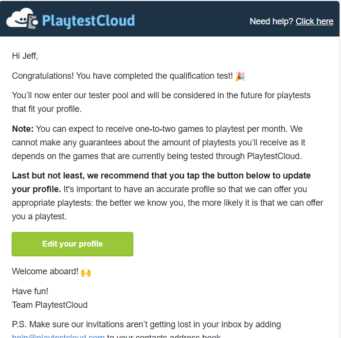 PlaytestCloud tester congrat letter with invite to update gamer profile and corrects that invites will be 1-2 a month.