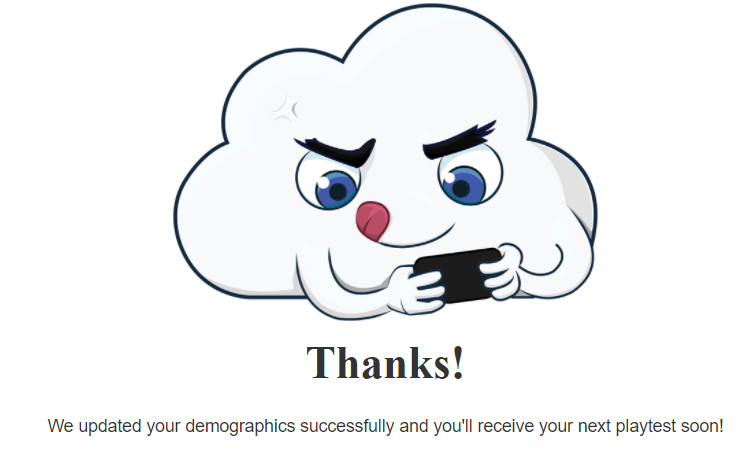 Platform logo with thank you note for playtesting before Playtestcloud Paypal payment is issued. 