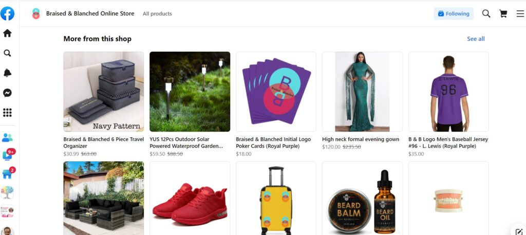 The Braised and Blanched Facebook storefront with items as of 4/29/2022.