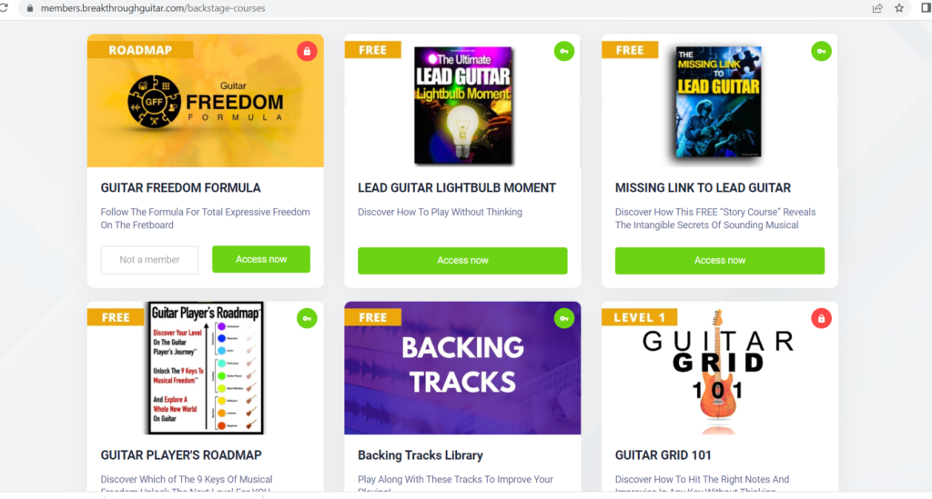Missing Link to Lead Guitar is a narrative cheerleader course...no method discussed other than what was presented in Lead Guitar Lightbulb Moment.  Pic of guitar courses available for BG $27. This is what I got access to for that money. 