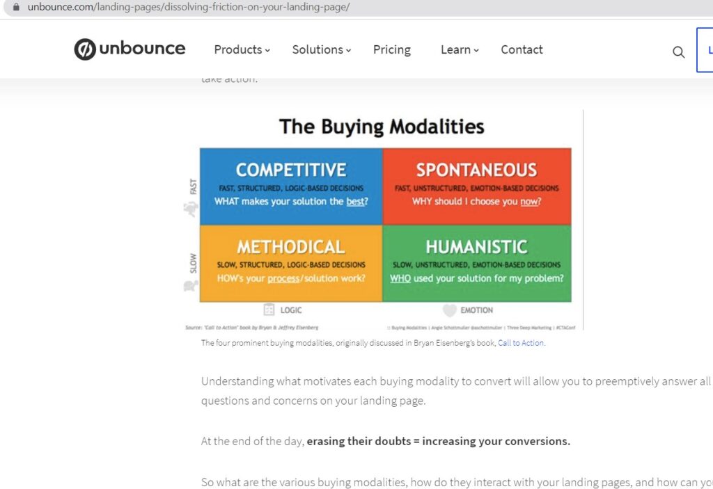 Unbounce screenshot of Eisenberg's 4 Buying modalities each homepage should be written for.  