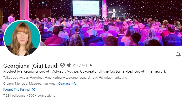 Georgiana Laudi's LinkedIn profile of the customer-led growth framework that is the magic of Forget the Funnel.