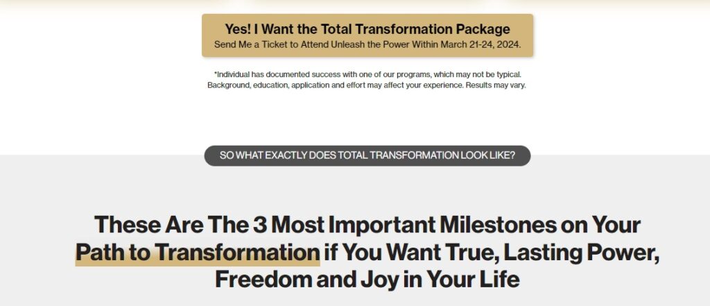 Misleading hero section of Tony Robbins Total Transformation Package for 2024. Send me a Ticket to Attend. 