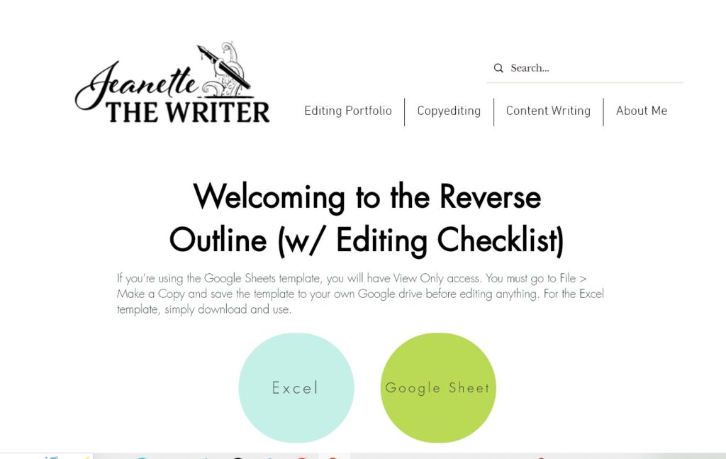 Jeanette Smith's landing page with two download formats for self-editing/ reverse outline with editing checklist. 