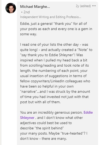 Eddie Shleyner, copywriter/LinkedIn influencer, thread underneath his post in which user thanks Shleyner for his responses and quick response time under his post. 