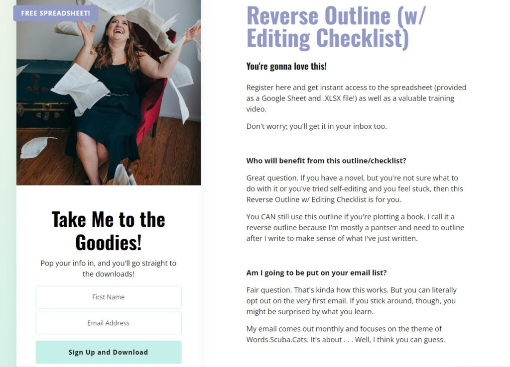 Jeanette Smith's landing page for her reverse outlining freebie. Page has several Cialdini principles mixed into it. 