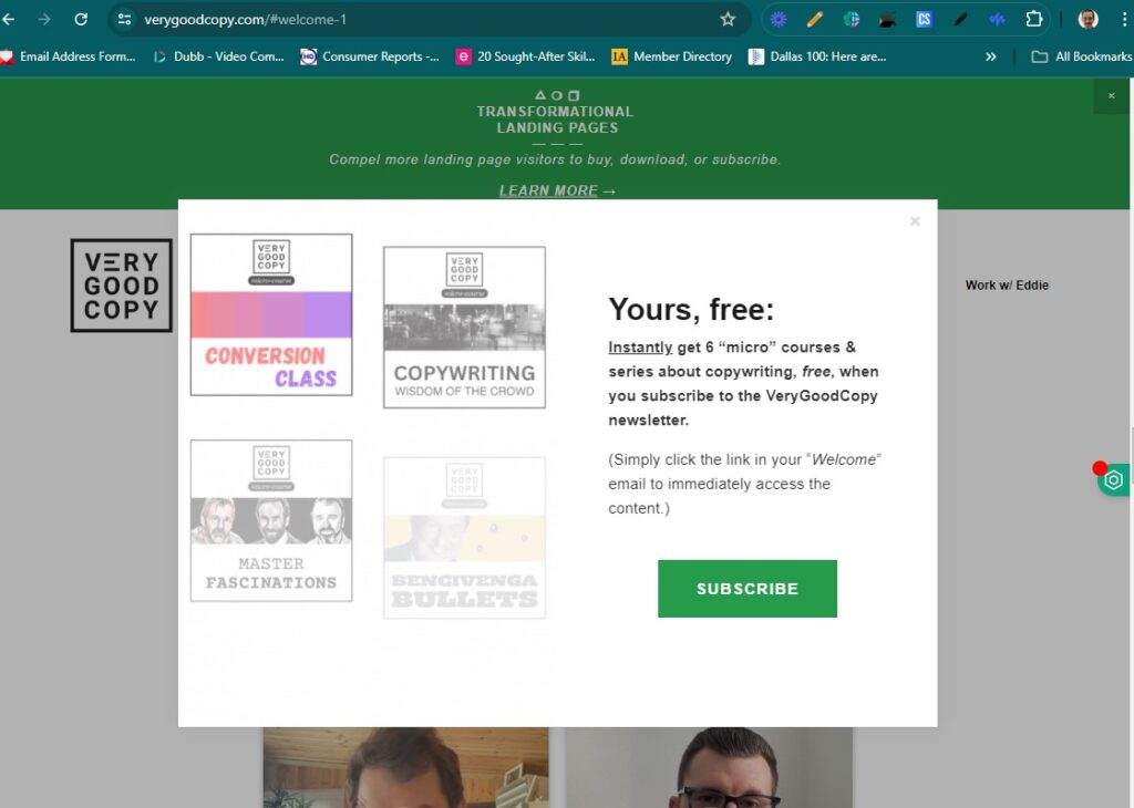 Very Good Copy screenshot marketing 6 free micro course in return for a subscription via email address exchange.  